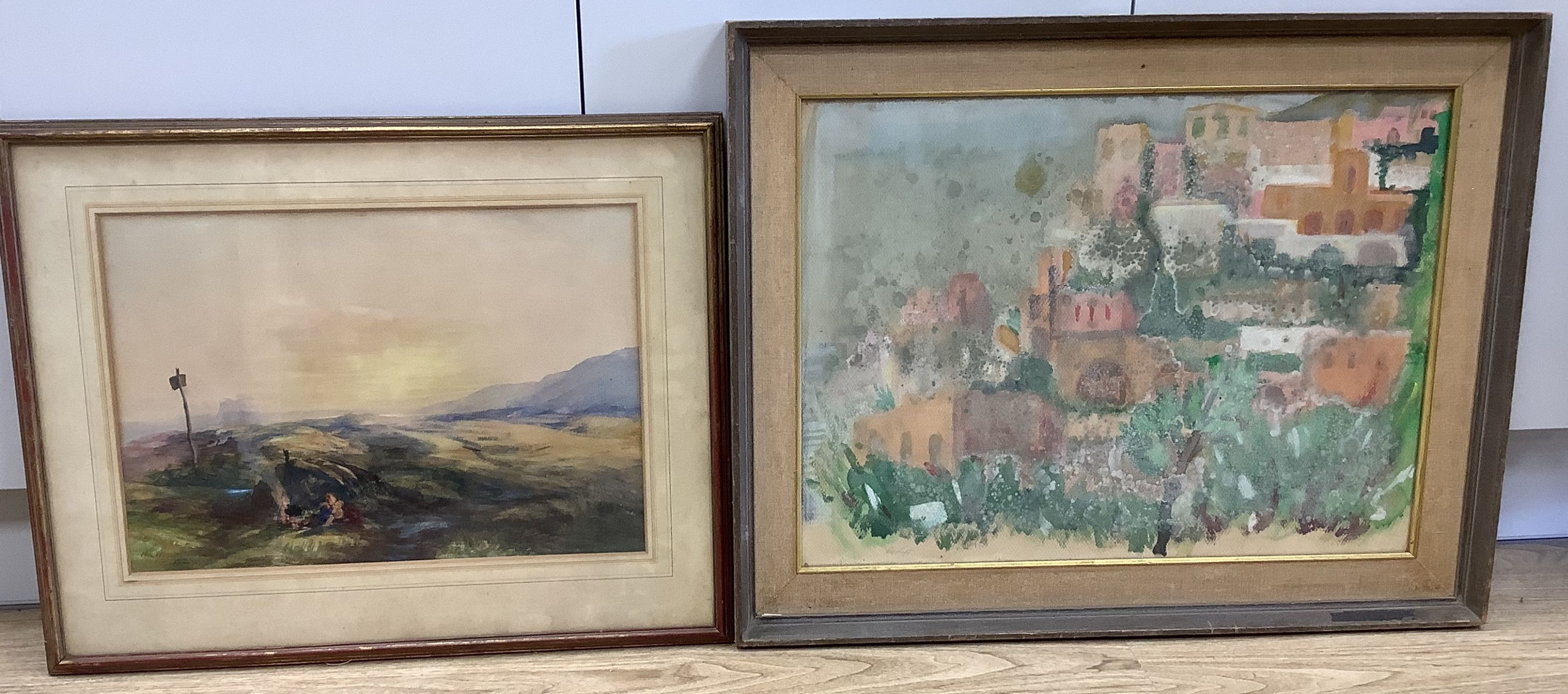 Evelyn Licht, watercolour, Hillside town, signed, 45 x 60cm and a watercolour landscape by Henry Clarence Whaite, 32 x 47cm